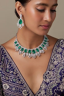 Silver Finish Zircon & Emerald Stone Choker Necklace Set