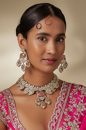 Gold Finish Zircon & Rose Quartz Stone Choker Necklace Set