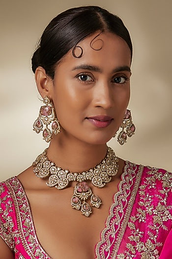 Gold Finish Zircon & Rose Quartz Stone Choker Necklace Set
