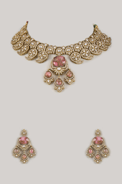 Gold Finish Zircon & Rose Quartz Stone Choker Necklace Set