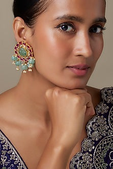 Gold Finish Ruby & Emerald Stone Dangler Earrings