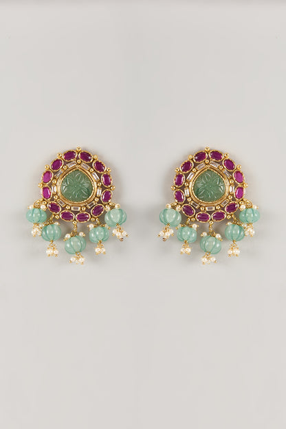 Gold Finish Ruby & Emerald Stone Dangler Earrings