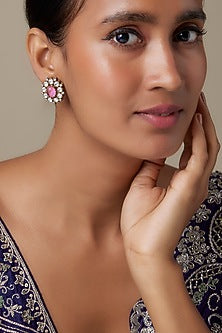 Gold Finish Zircon & Quartz Stone Stud Earrings