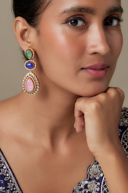 Gold Finish Zircon & Pink Sapphire Stone Dangler Earrings
