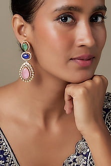 Gold Finish Zircon & Pink Sapphire Stone Dangler Earrings