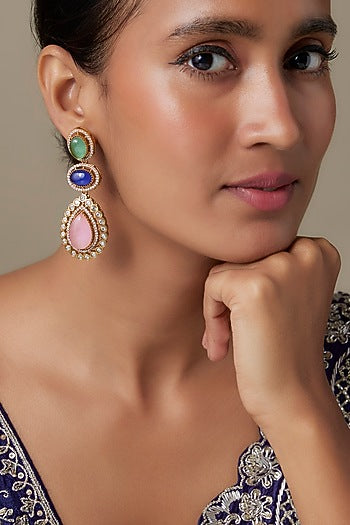 Gold Finish Zircon & Pink Sapphire Stone Dangler Earrings