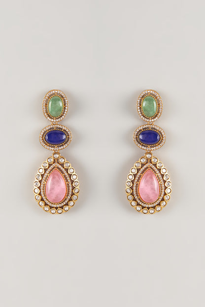 Gold Finish Zircon & Pink Sapphire Stone Dangler Earrings