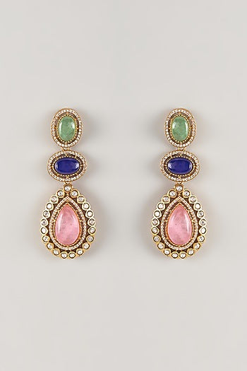 Gold Finish Zircon & Pink Sapphire Stone Dangler Earrings