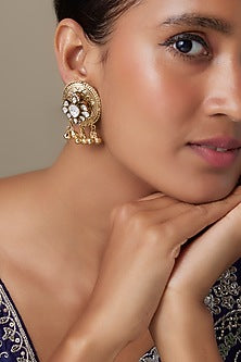 Gold Finish Zircon Bell Beaded & Moissanite Stone Dangler Earrings