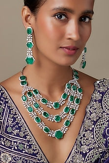 Silver Finish Zircon & Emerald Stone Necklace Set