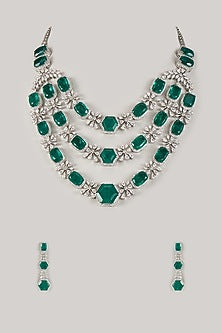 Silver Finish Zircon & Emerald Stone Necklace Set