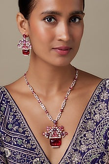 Rose Gold Finish Zircon & Amethyst Stone Long Necklace Set