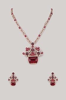 Rose Gold Finish Zircon & Amethyst Stone Long Necklace Set