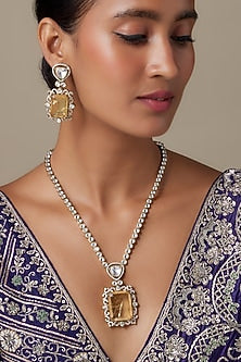 Gold Finish Zircon & Yellow Sapphire Stone Long Necklace Set