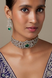 Gold Finish Zircon & Emerald Stone Choker Necklace Set