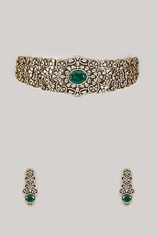 Gold Finish Zircon & Emerald Stone Choker Necklace Set