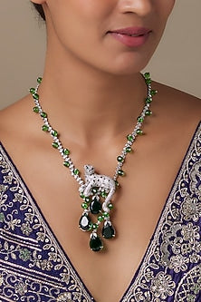 Silver Finish Zircon & Emerald Stone Long Necklace