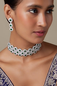 Silver Finish Zircon & Emerald Stone Choker Necklace Set