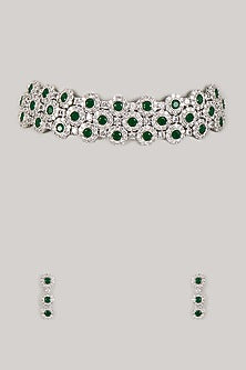 Silver Finish Zircon & Emerald Stone Choker Necklace Set
