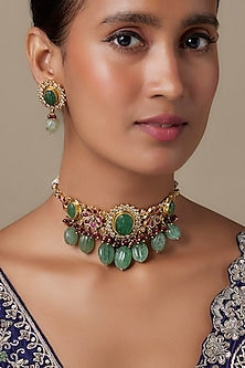 Gold Finish Kundan Polki & Green Carved Stone Choker Necklace Set