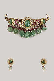 Gold Finish Kundan Polki & Green Carved Stone Choker Necklace Set