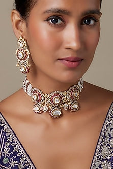 Gold Finish Kundan Polki & Ruby Stone Choker Necklace Set