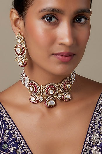 Gold Finish Kundan Polki & Ruby Stone Choker Necklace Set