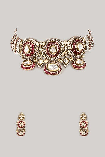 Gold Finish Kundan Polki & Ruby Stone Choker Necklace Set