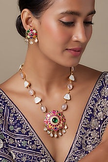 Gold Finish Rose Quartz & Navratna Opal Carved Stone Long Necklace Set
