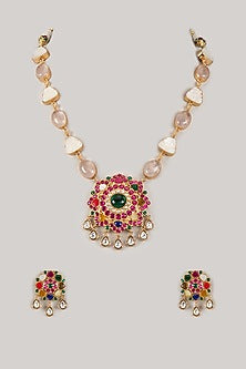 Gold Finish Rose Quartz & Navratna Opal Carved Stone Long Necklace Set