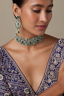 Silver Finish Zircon & Emerald Stone Choker Necklace Set