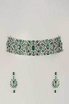 Silver Finish Zircon & Emerald Stone Choker Necklace Set