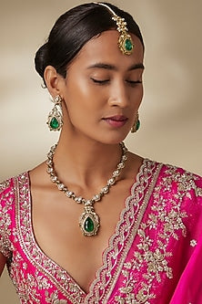 Gold Finish Zircon & Emerald Stone Long Necklace Set