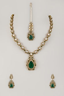 Gold Finish Zircon & Emerald Stone Long Necklace Set