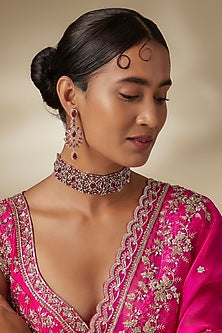Silver Finish Zircon & Ruby Stone Choker Necklace Set