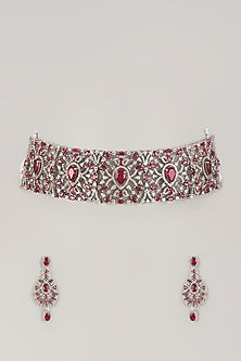 Silver Finish Zircon & Ruby Stone Choker Necklace Set