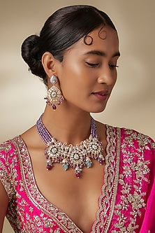 Gold Finish Multi-Colored Beaded & Zircon Choker Necklace Set