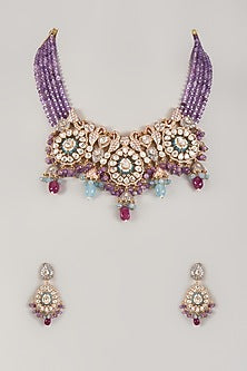 Gold Finish Multi-Colored Beaded & Zircon Choker Necklace Set