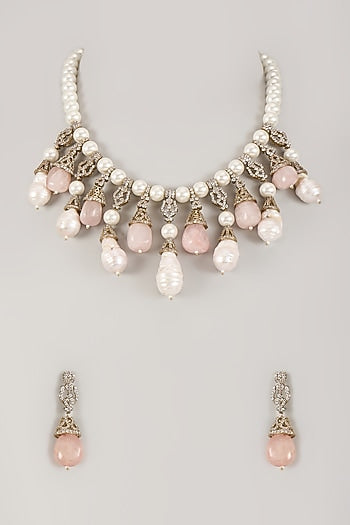 Gold Finish Zircon Beads & Opal Pearl Necklace Set