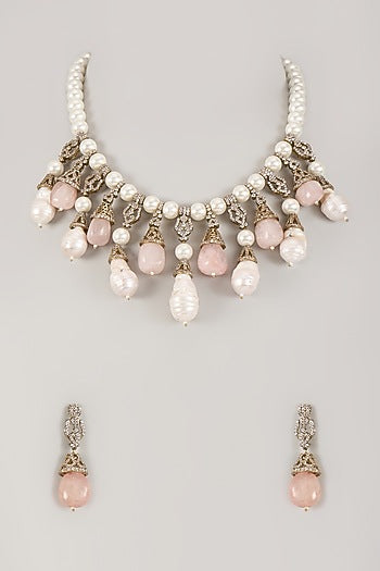 Gold Finish Zircon Beads & Opal Pearl Necklace Set
