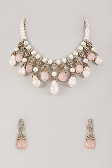 Gold Finish Zircon Beads & Opal Pearl Necklace Set