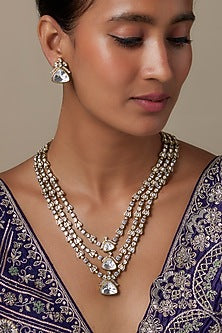 Gold Finish Zircon & Moissanite Stone Layered Long Necklace Set