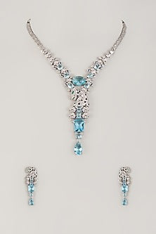 Silver Finish Zircon & Sapphire Stone Necklace Set