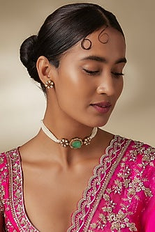 Gold Finish Zircon & Turquoise Blue Stone Choker Necklace Set