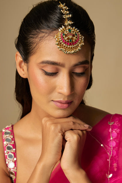 Gold Finish Kundan Polki & Ruby Stone Maangtikka
