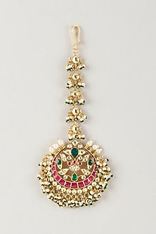 Gold Finish Kundan Polki & Ruby Stone Maangtikka