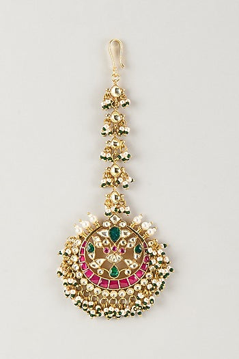 Gold Finish Kundan Polki & Ruby Stone Maangtikka