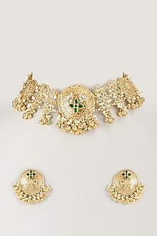 Gold Finish Emerald Stone Bell Choker Necklace Set
