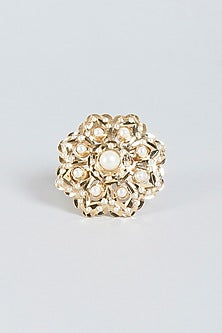 Gold Finish Jadau Pearl Adjustable Ring