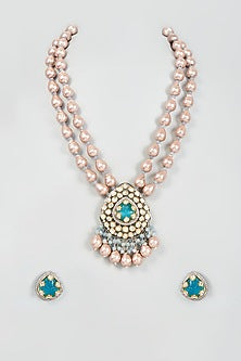 Gold Finish Turquoise Stone & Kundan Polki Long Necklace Set